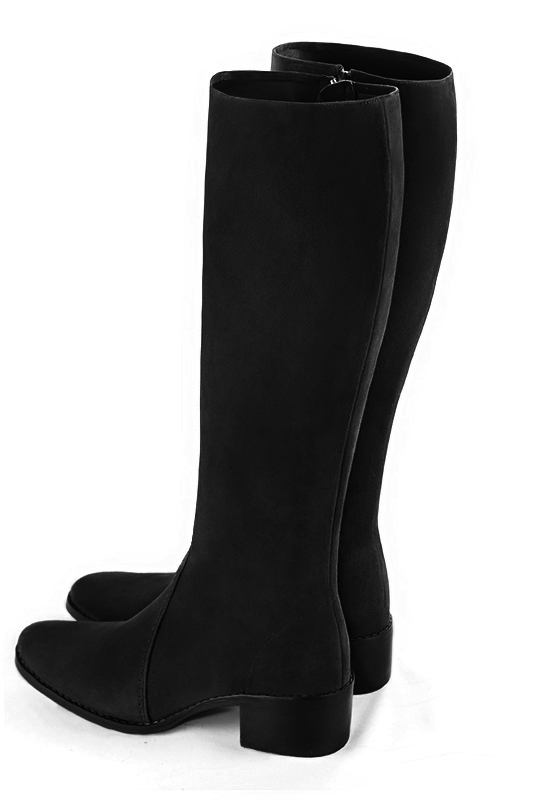 Matt black women's riding knee-high boots. Round toe. Low leather soles. Made to measure. Rear view - Florence KOOIJMAN
